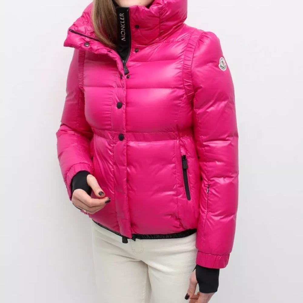 Moncler Pink Puffer Jacket with Fitted Silhouette and High Collar